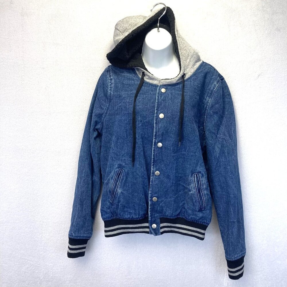 Carmar Denim Bomber Jacket Womens Small S Blue Snap Button Sherpa Hood Varsity